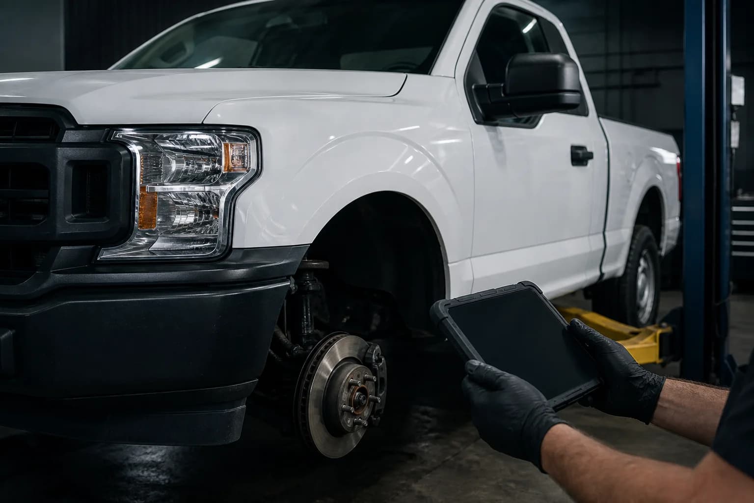 A fleet pickup undergoing brake service while a technician uses an inspection tablet